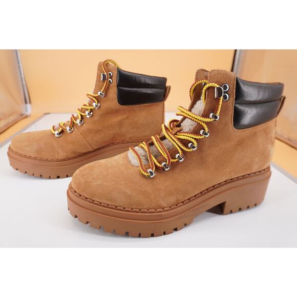 Marc Fisher Nairy Brown Leather Shearling ankle boot size 8.5 biker Lugg wool - Picture 2 of 10